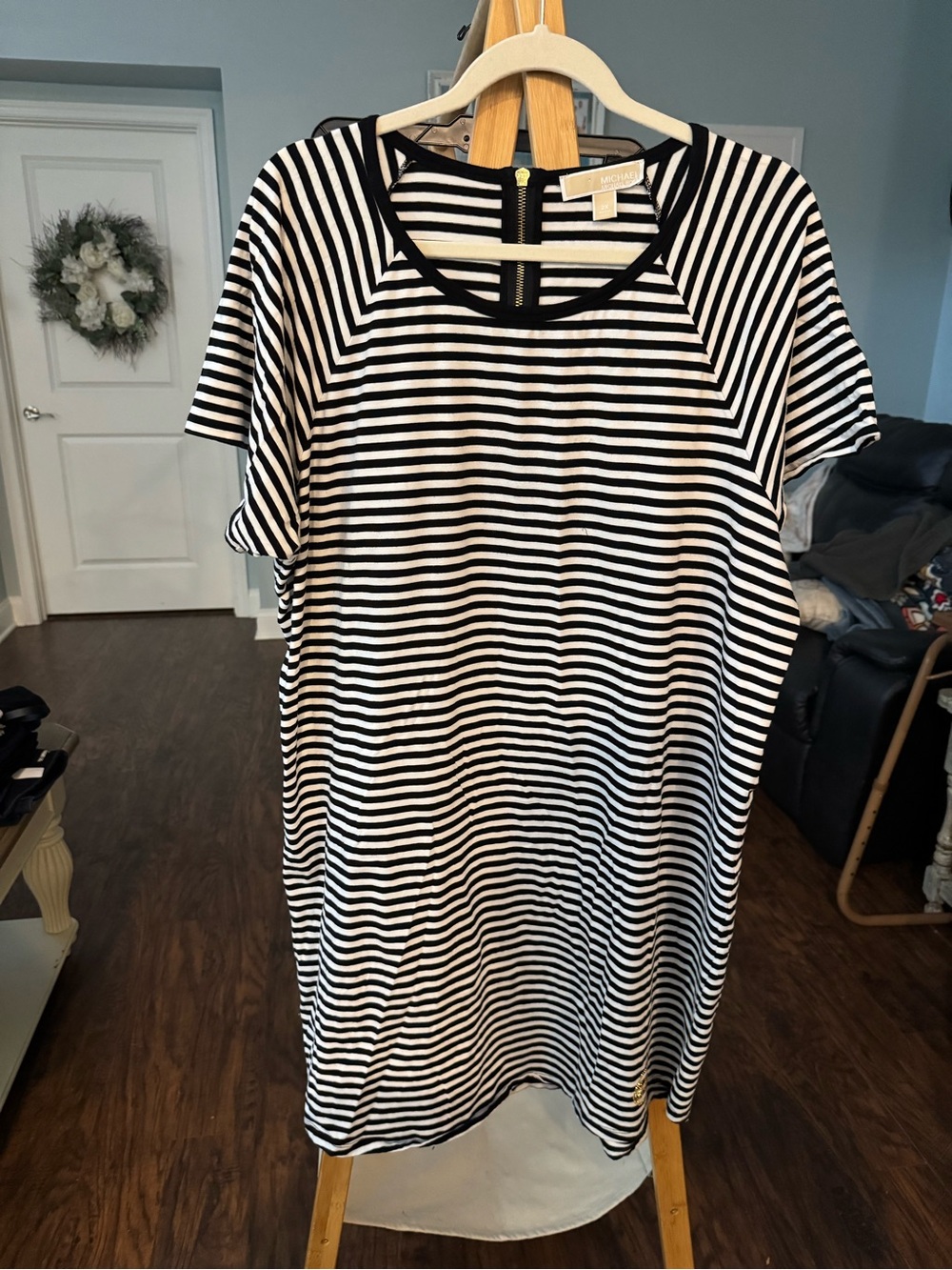 Michael Kors Black & White Striped Midi Shift Dress